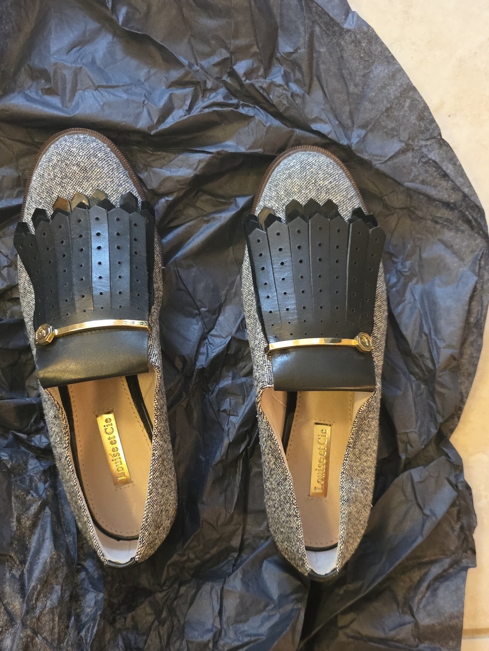 Louise et Cie Gray Tweed Loafers with Black Kiltie and Gold Bar